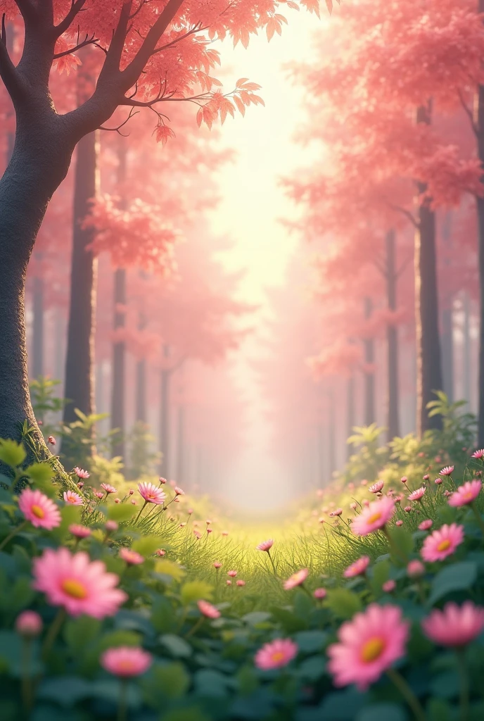 Pink forest landscape with daisy flowers scattered