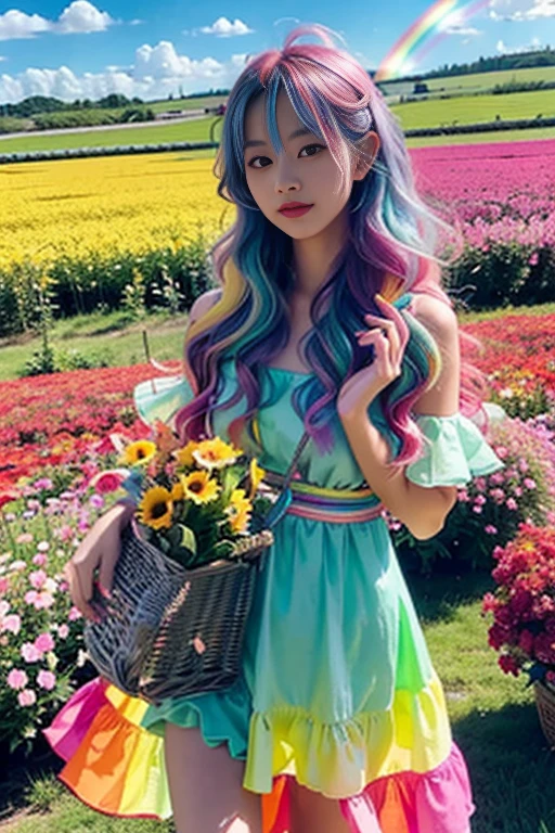 Highest quality,High resolution,A Japanese girl standing in a flower field holding a basket of fruit and flowers, Two-tone hair, long hair with pastel colours, aurora Colored Hair, Colorful pastels, Hair Color, multiColored Hair, Colorful long hair, Two-tone hair dye, Colorful Hair, Gradient Hair, pastel colour, Colored Hair, Bright rainbow hair colors,One-piece dress with frills,The background is a sparkling rainbow in the sky:1.5,A large rainbow-colored pumpkin grows in a flower field:1.5