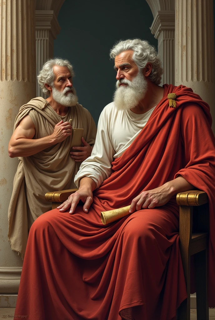 A visual composition showing representations of Plato, Aristótele