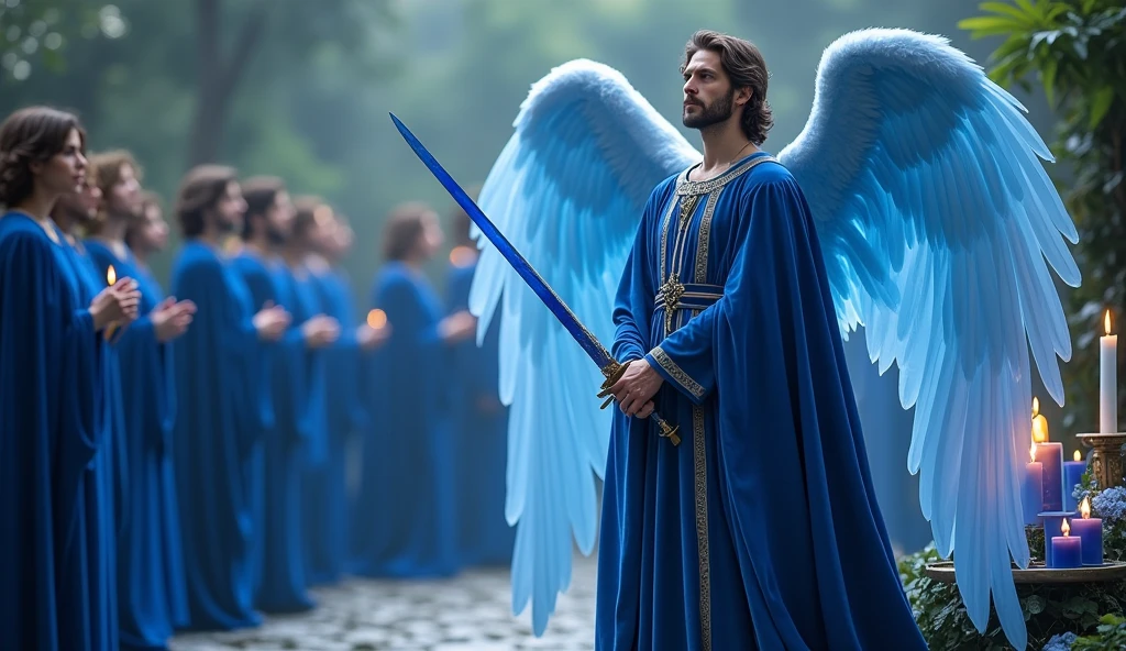 ultra realistic image in the right corner of the screen, of Archangel Michael looking straight ahead with chic velvet tunic and blue cape, with his blue flame sword, many blue candles lit, blue kyanite crystals,, convey depth, in the background 13 male angels with blue capes and tunics in the garden 