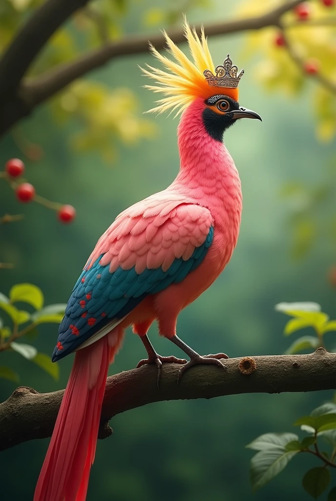 A majestic bird with pink feathers, a vibrant yellow and orange crest, and a long tail adorned with colorful spots, perched on a branch with a blurred green forest background, wearing traditional Asian-style conical hats with elegant silver adornments.
