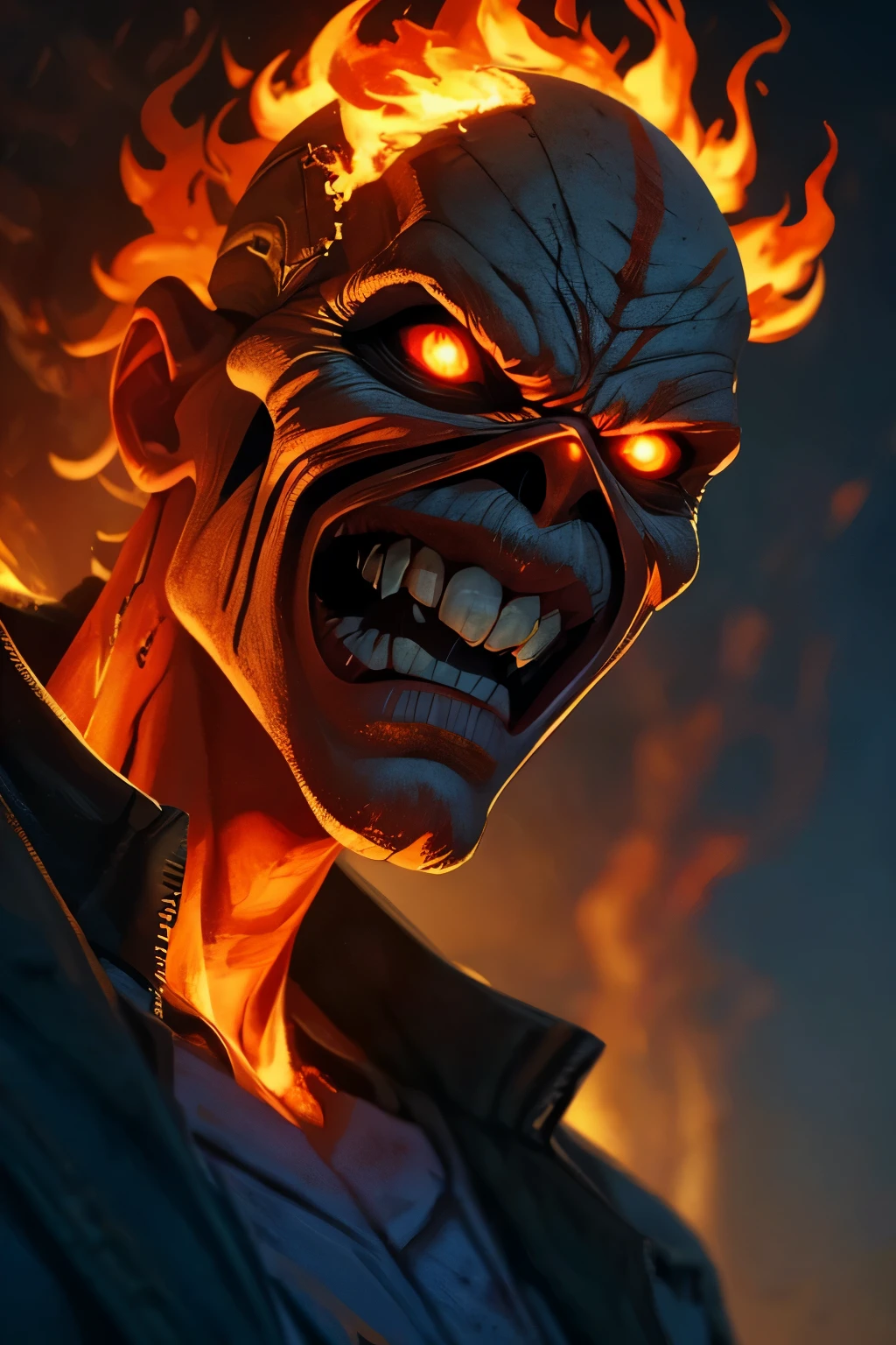 ((Close-up face)). Eddie, the Iron Maiden mascot, black jacket, standing in a powerful stance. His eyes glowing with intensity, reflecting his dark, rebellious spirit. His face is skeletal yet detailed with realistic textures, showcasing his iconic menacing grin. The background is a stormy night, with lightning illuminating the scene, adding a dramatic effect. Realistic skin textures and clothing details, capturing the essence of Eddie in a modern, lifelike illustration. natural light, 35mm photograph, film, professional, 4k, highly detailed, Golden hour lighting. Depth of field F2. Rule of Thirds Composition. ((Cinematic lighting, hell, flames background))
