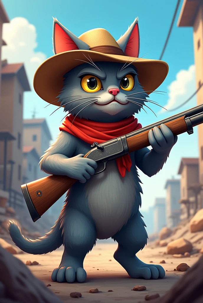 Cartoon cat in gray free fire theme with straw hat on head, with a 12 gauge gun in his hand 