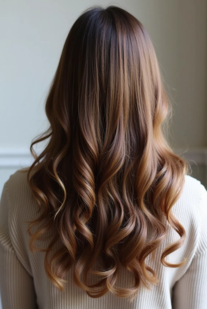 Hairstyle made on long hair with a straight cut, that it is straightened from top to middle and has curls at the ends seen from behind