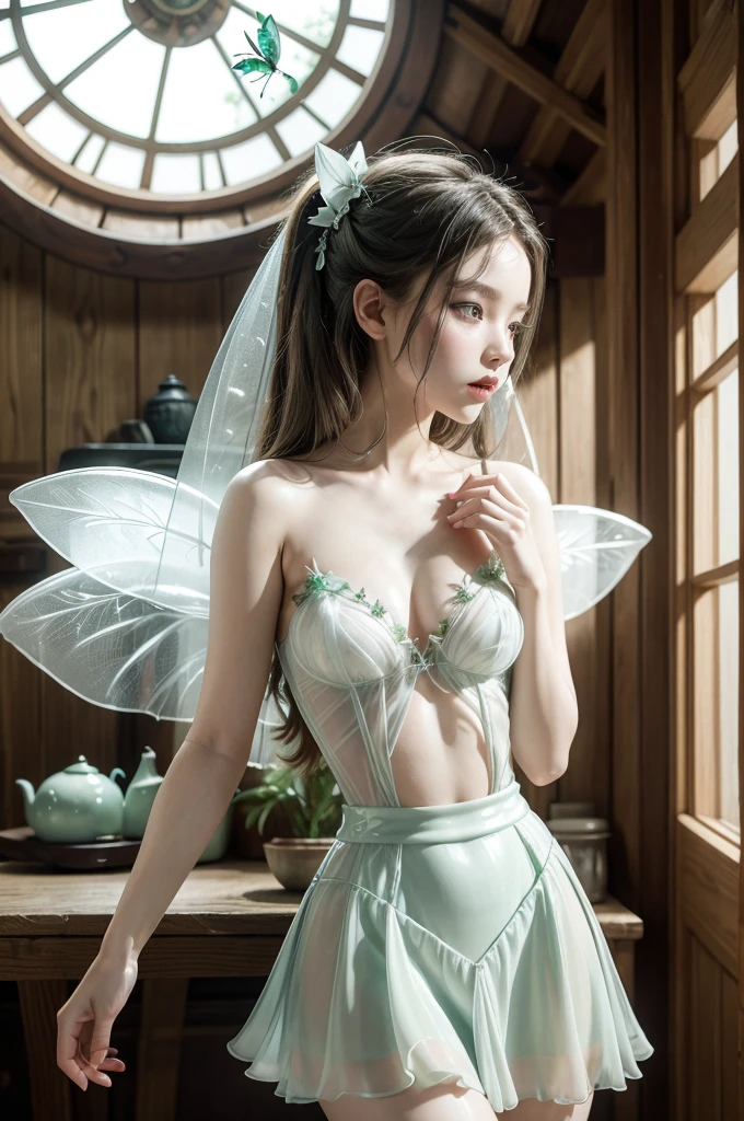 score_9, score_6_up, score_5_up,Very detailed, perfect image. A masterpiece depicting a beautiful, curvy fairy inspired by Walt Disney's Tinkerbell.((( She has porcelain-white skin))), a very short green skirt, and transparent insect wings. The overall atmosphere is warm and magical, set inside a small medieval wooden house.