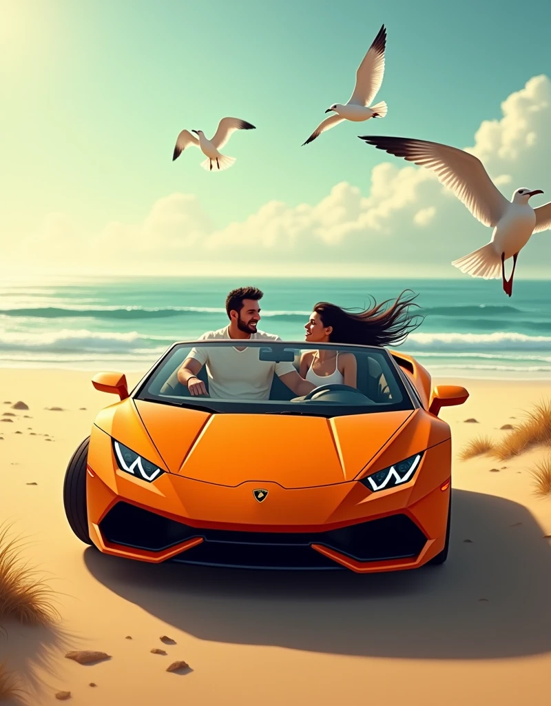 Hot brunette hair driving on the beach of Tlemcen in Algeria with my darling in my pinky Lamborghini Iris carbon oramgee convertible, our hair blowing in the wind early in the morning, with the seagulls flying above."