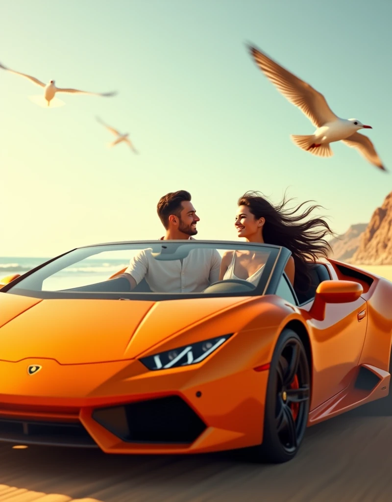 Hot brunette hair driving on the beach of Tlemcen in Algeria with my darling in my pinky Lamborghini Iris carbon oramgee convertible, our hair blowing in the wind early in the morning, with the seagulls flying above."