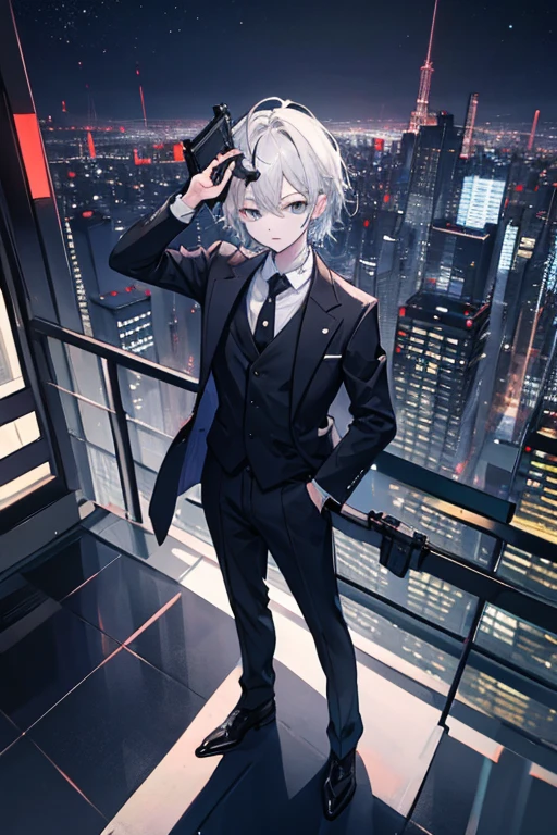 ((Highest quality)), ((masterpiece)), (detailed), Perfect Face、
Stand on the roof of a building、With a slightly tired look、Night view of Roppongi、
Wearing a black suit、With a gun in one hand、Gray Hair、straight、short