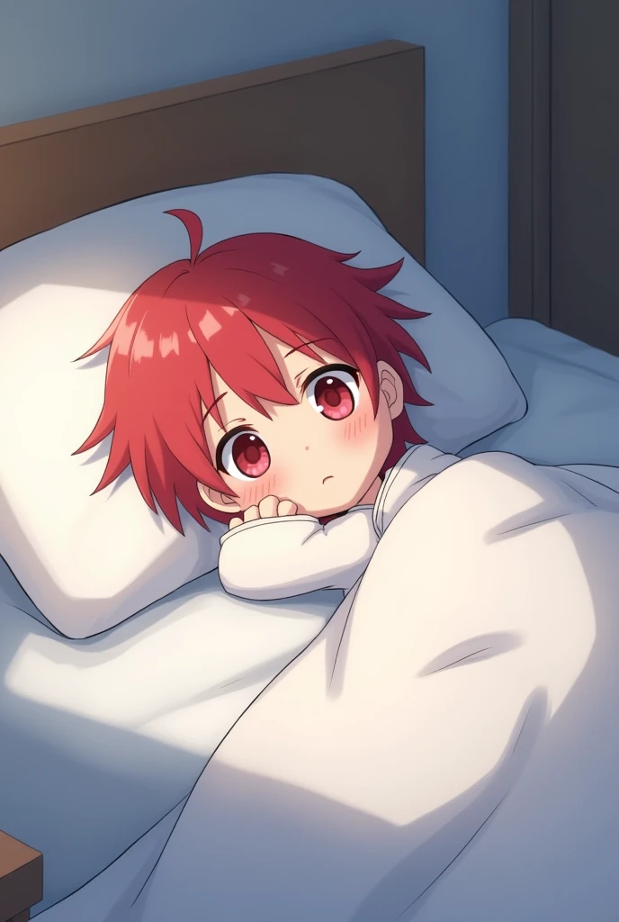 Red hair, shaggy, red eyes, , , anime, , child, big bed, , , sleepy, lying on his back, , simple white outfit,