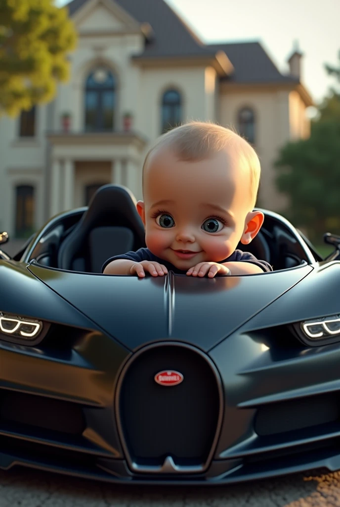 picture of a beatifull young  boy of 2 with a fair  soft white skin circle face  wear a black shirt and sitting on driving seat of  black buggati and car infront of luxury house