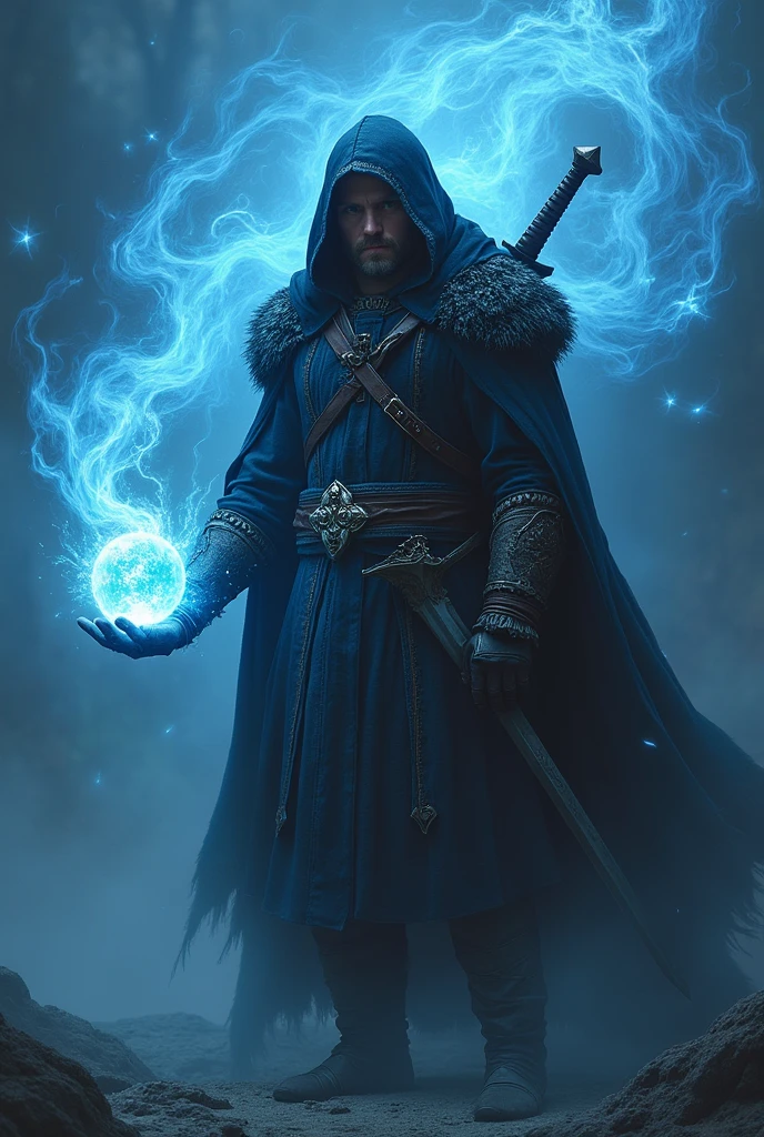 Create a male warrior who looks calm but is a psychopath, with Nordic clothes, Carrying a rapier and a broadsword on his back, I like this design just add a hood, that he has the rapier in his right hand, In his left hand a sphere of blue souls, around him souls
