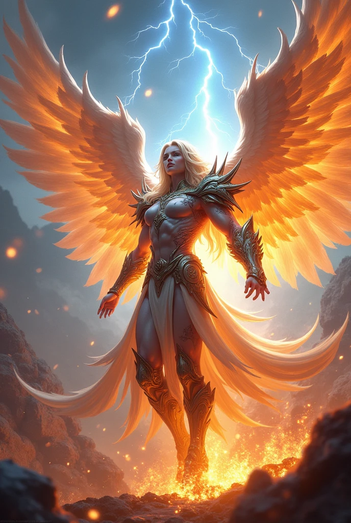 Warrior angel with a crystal arm with wings of fire and lightning in his hands