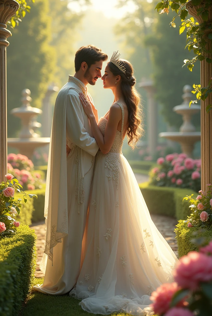 a queen with a white dress and a crown on her head in a beautiful garden with her prince