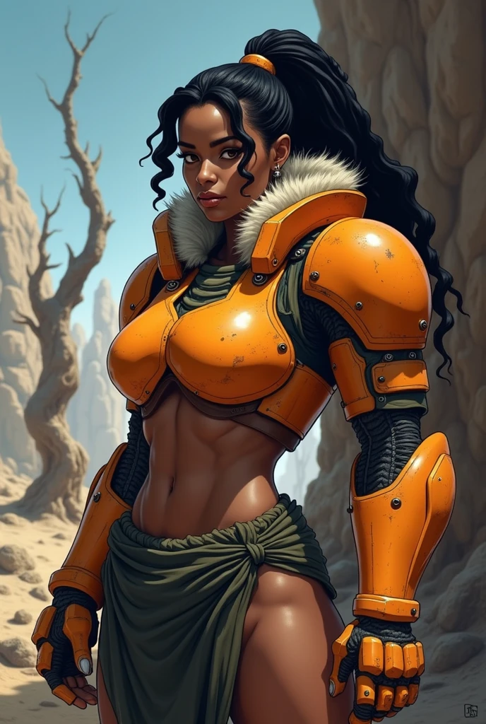 in an richly detailed dramatic-comic-book style create an illustration of an affrican woman in orange power armor covering her arms, shoulders and upper chest. The armor is a bold orange and very heavy looking, with bulky blocky features especialy over the chest, the shoulder pads of the armor or large and round. Under the armor is a dark green suit that covers her arms. the collar of the armor is high and fringed with fur. The gauntlets are bulky and robotic, and fringed with fur around the tops. Her midriff is bare and exposes her fit stomach. Around her waist is an old thick leather belt, covering her lower body is a ragged dark green loin cloth that leaves her hips and legs bare. Her upper legs are bare while on her lower legs she wears heavy orange armored boots, topped with fur. Her short black hair is in dreadlocks which are pulled back in a pony tail. The background is a badlands with dead trees
