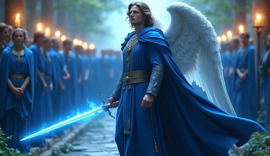 ultra realistic image in the right corner of the screen, of Archangel Michael looking straight ahead with chic velvet tunic and blue cape, with his blue flame sword, many blue candles lit, blue kyanite crystals,, convey depth, in the background 13 male angels with blue capes and tunics in the garden