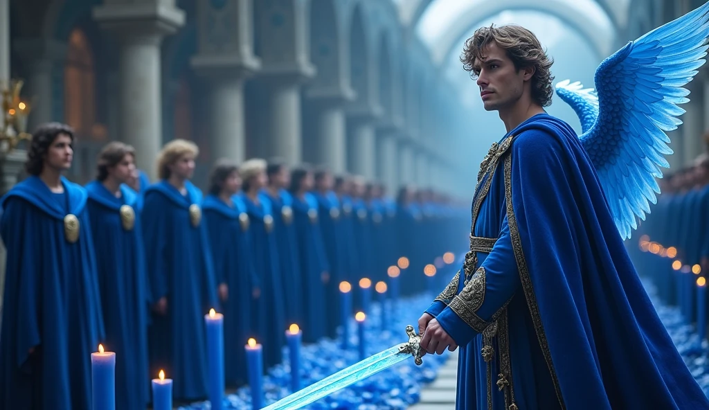 ultra realistic image in the right corner of the screen, of Archangel Michael looking straight ahead with chic velvet tunic and blue cape, with his blue flame sword, many blue candles lit, blue kyanite crystals,, convey depth, in the background 13 male angels with blue capes and tunics in the garden