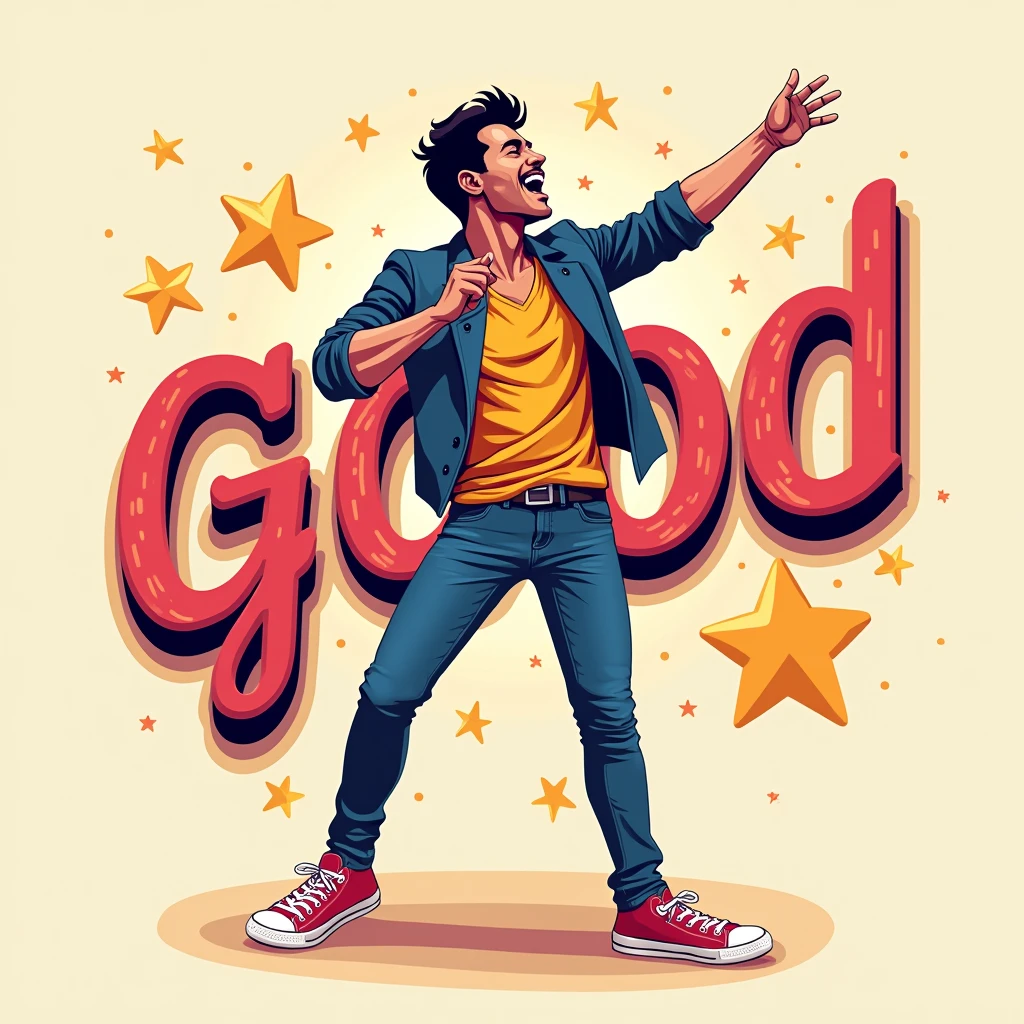 Banner title "good" of Latin male singer dancing written ((good))