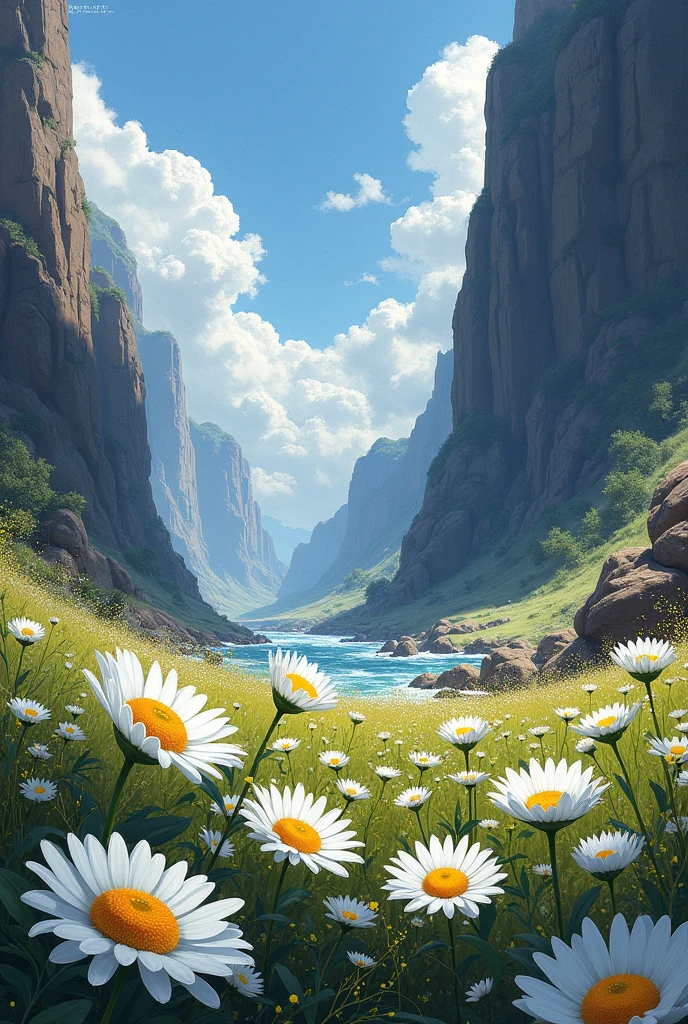 Bold landscape with daisy flowers scattered