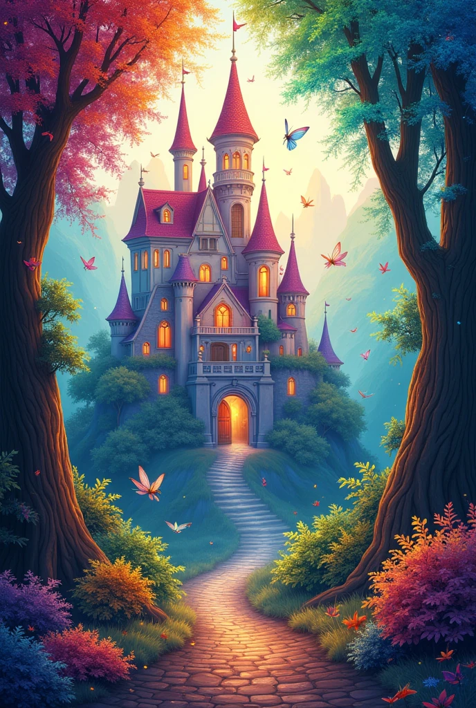 masterpiece、Highest quality、Highest quality、Delicate depiction、beautiful、Fantasyアート、Fantasy、Stained Glass Style、A large rainbow-colored castle、虹色に輝くbeautiful森、beautiful自然、beautiful妖精、Rainbow-colored fairy、{{Little fairy}}、Cute Fairy、4K Graphics