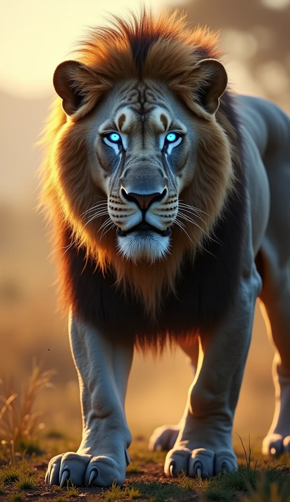 Generate an ultra realistic 8k image of a big strong blue-eyed lion
