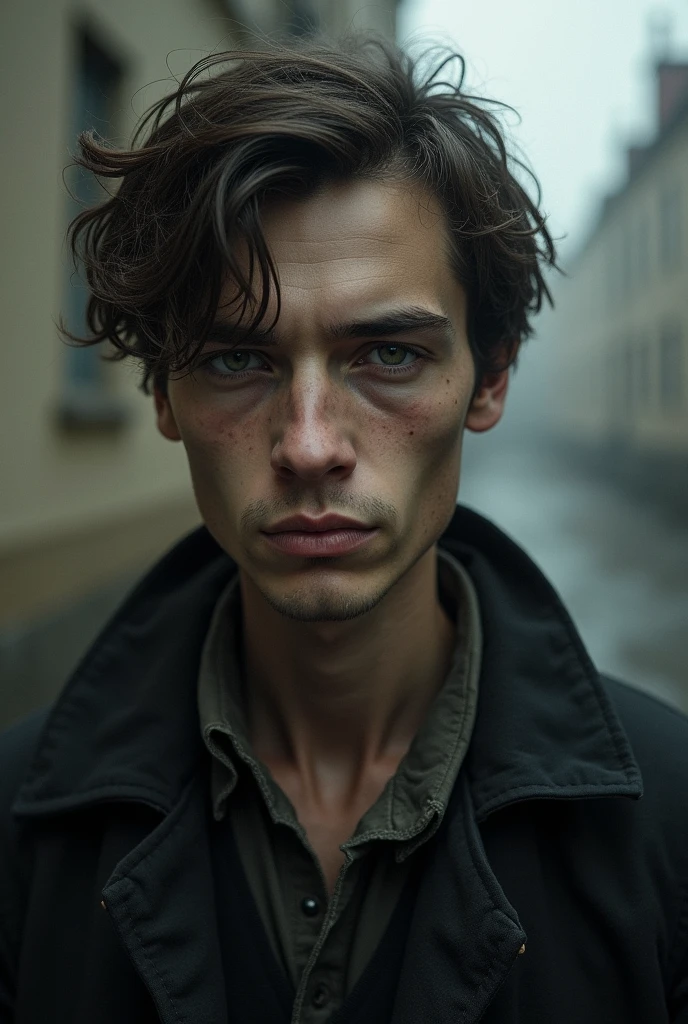 A former russian student, 2, male, living in poverty in 1866 , Tall and lean, around 5'10"-6'0", pale, thin, and gaunt face, high cheekbones, prominent forehead, sunken dark intense eyes, dark brown unkempt hair