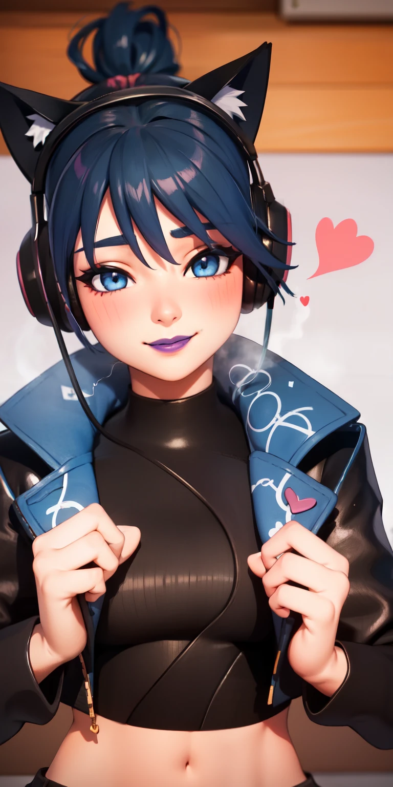 1girl,blue hair,blue eyes, eyeshadow, (blush:1.1),upper body,trembling, heart,(speed lines:1.1),medium breasts, ((heavy breathing:1.3)), love, heart, black jacket, jacket crop top, cat ears headphones, black crop top, purple lips, smile 