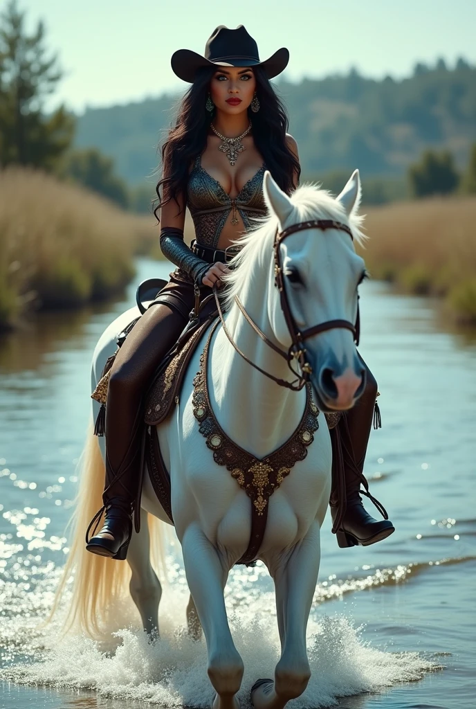 Full view Wearing a sexy cowgirl outfit as she rides her pure white horse across the river Caucasian-Hispanic mix women, with deep wave long curls smooth finish black hair with, light blue, teal, and blonde combined together blue eyes, Instagram model, black makeup long lashes, big lips, red lipstick nose pierced 30k