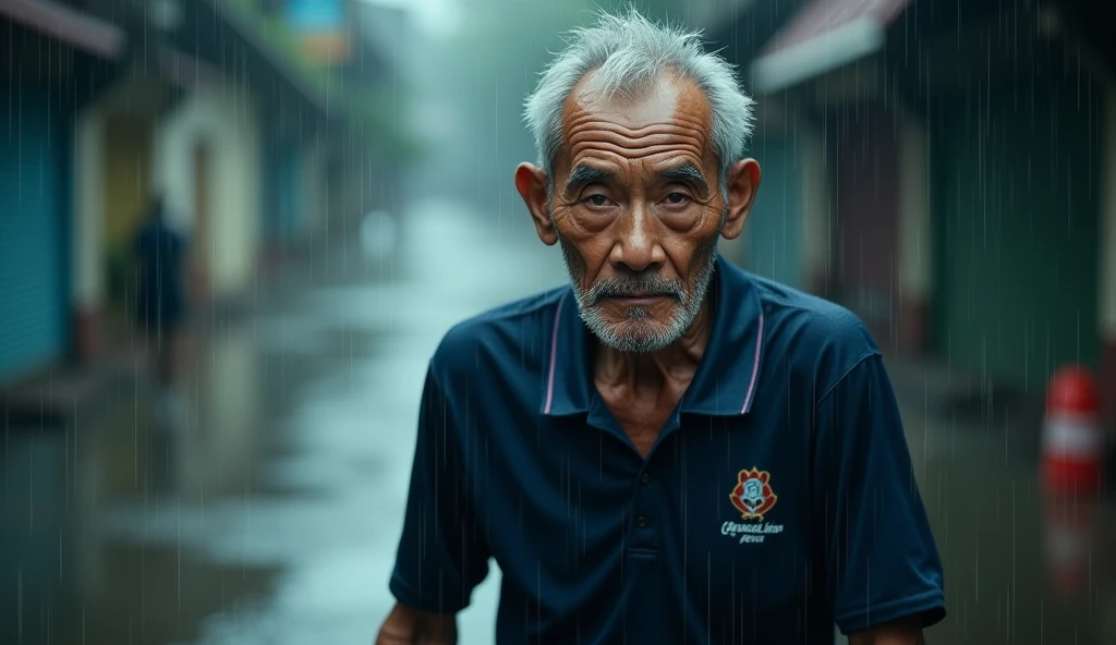 A photograph of a malay old man in dark blue sport attire walking in the rain making eye contact with the viewer in a mid-shot view, 35mm lense, Top-Down Shot, Deep Focus cinematography effect, Natural Lighting, cool-toned color grading, high quality, ultra detail, 8k resolution,