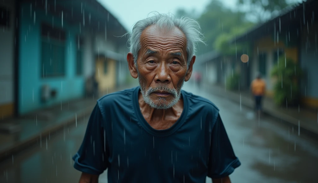 A photograph of a malay old man in dark blue sport attire walking in the rain making eye contact with the viewer in a mid-shot view, 35mm lense, Top-Down Shot, Deep Focus cinematography effect, Natural Lighting, cool-toned color grading, high quality, ultra detail, 8k resolution,