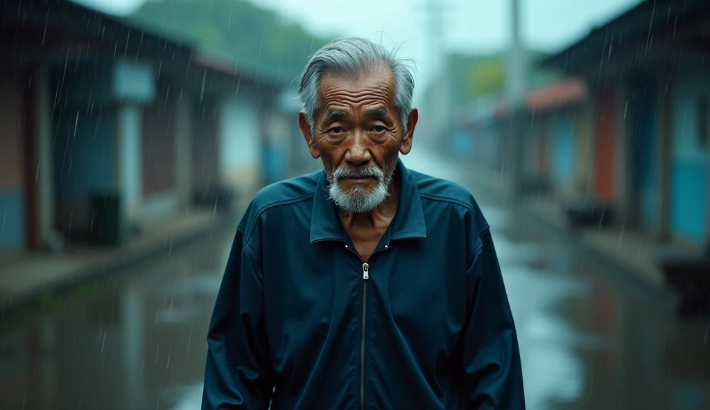 A photograph of a malay old man in dark blue sport attire walking in the rain making eye contact with the viewer in a mid-shot view, 35mm lense, Top-Down Shot, Deep Focus cinematography effect, Natural Lighting, cool-toned color grading, high quality, ultra detail, 8k resolution,