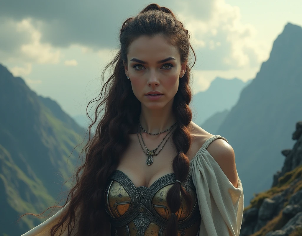 high fantasy cinematic portrait of a  woman with brown hair in a long braid, and hazel eyes goddess of strength and war 4k hd realistic exceptional quality 