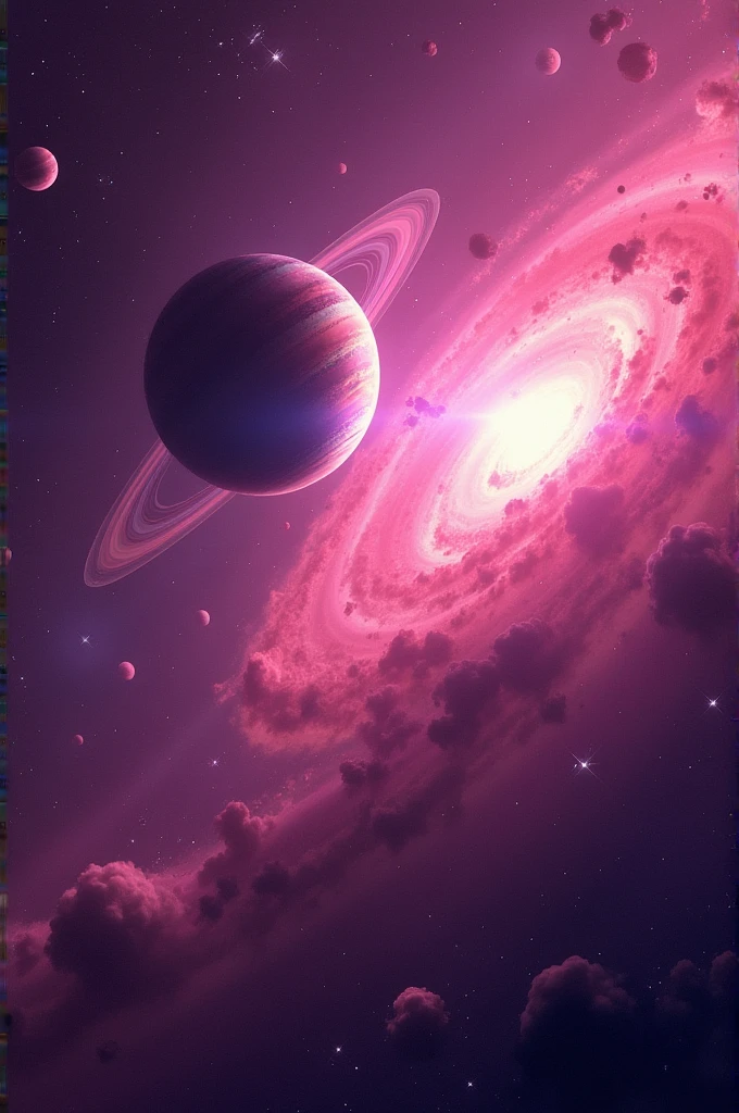 Pink and purple galaxy with orbiting planets