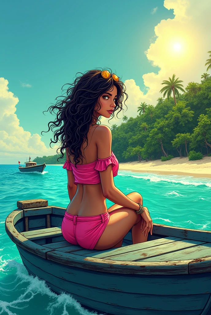 A small boat heading towards an island with a beach and forests in the center, the tanned skinned woman, yellow eyes and messy curly hair is on top of the boat, she is looking at the island, woman in pink blouse and shorts, the sky is blue and the sun is shining, I want vibrant and very eye-catching colors, comic book style. 