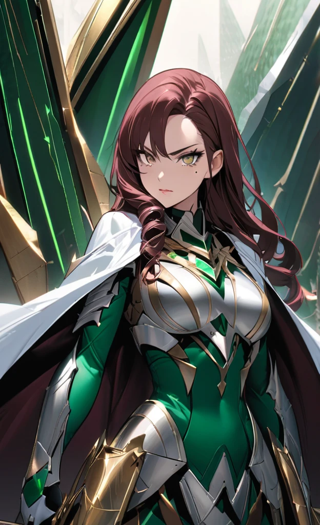 Artwork, highest quallity, アニメ. Estilo de アニメ, high resolution, 独奏, maroon hair,
A tall woman, 30 years of striking beauty, her delicate features contrast with the fierce look that conveys determination. Her slim and athletic body. Rigid posture and calm gaze.

Your long hair, dark brown, with curly locks, a small mole below the eye and on the cheek of the face. light brown eyes that shine with ferocity. Triangular pupils in the eyes, Straight eyebrows intensify your expression, while her thick eyelashes intimidate. Wearing enchanted titanium armor, Emerald green, with silver,tailor-made for your athletic body. The armor&#39;s breastplate protects the torso, the design of a three-headed Hydra is painted on the chest, shoulder pads and bracers, has metallic snake details. Flexible metal segments protect thighs and legs, enabling agile movements. Shoulder and knee pads with snake-shaped details. Wearing black tight pants with metal plates on them. Knee-high boots on the feet.
A white cape on the shoulders.
Carved serpent-like details adorn the armor&#39;s shoulder pads and knee pads.. 
She is wielding a large, heavy metal crossbow with both hands., covered in a vibrant dark green. She has a calm expression. The background is the battlefield, with soldiers fighting.
She is firmly pointing the large crossbow bolt towards the viewer.. longye hair, 