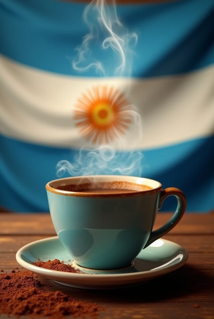 A cup of coffee with the Argentine flag in the background.