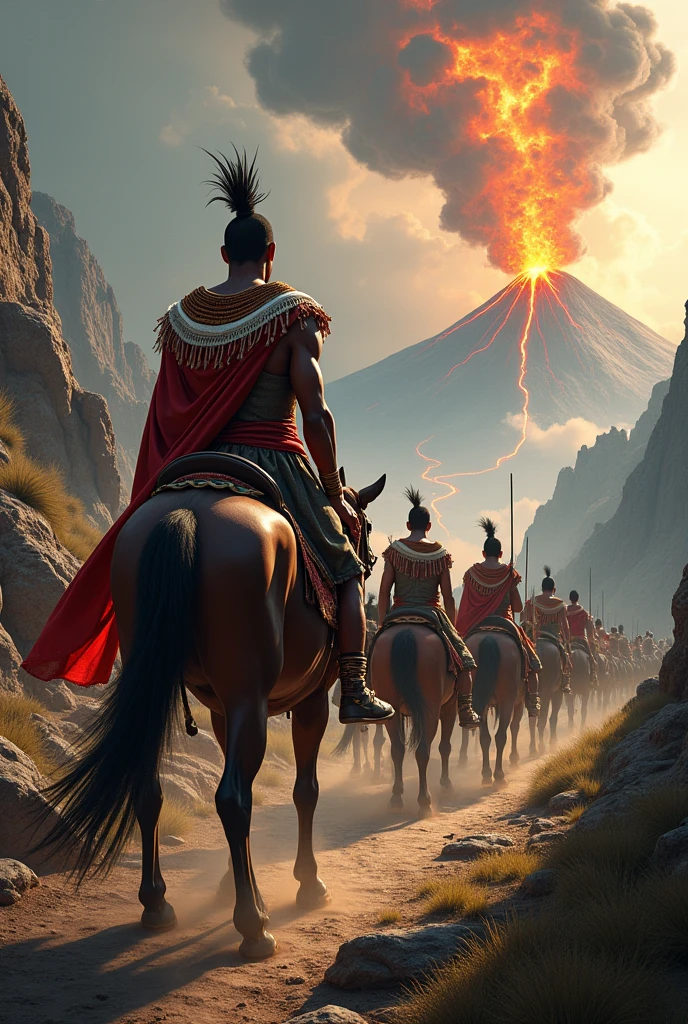 a Black man, king in red white and gold tribal clothing on his horse leading his people on a dangerous mountain descent with an erupting volcano in the background, dangerous journey. Many subjects, several carriages and people on foot accompanying the king.

