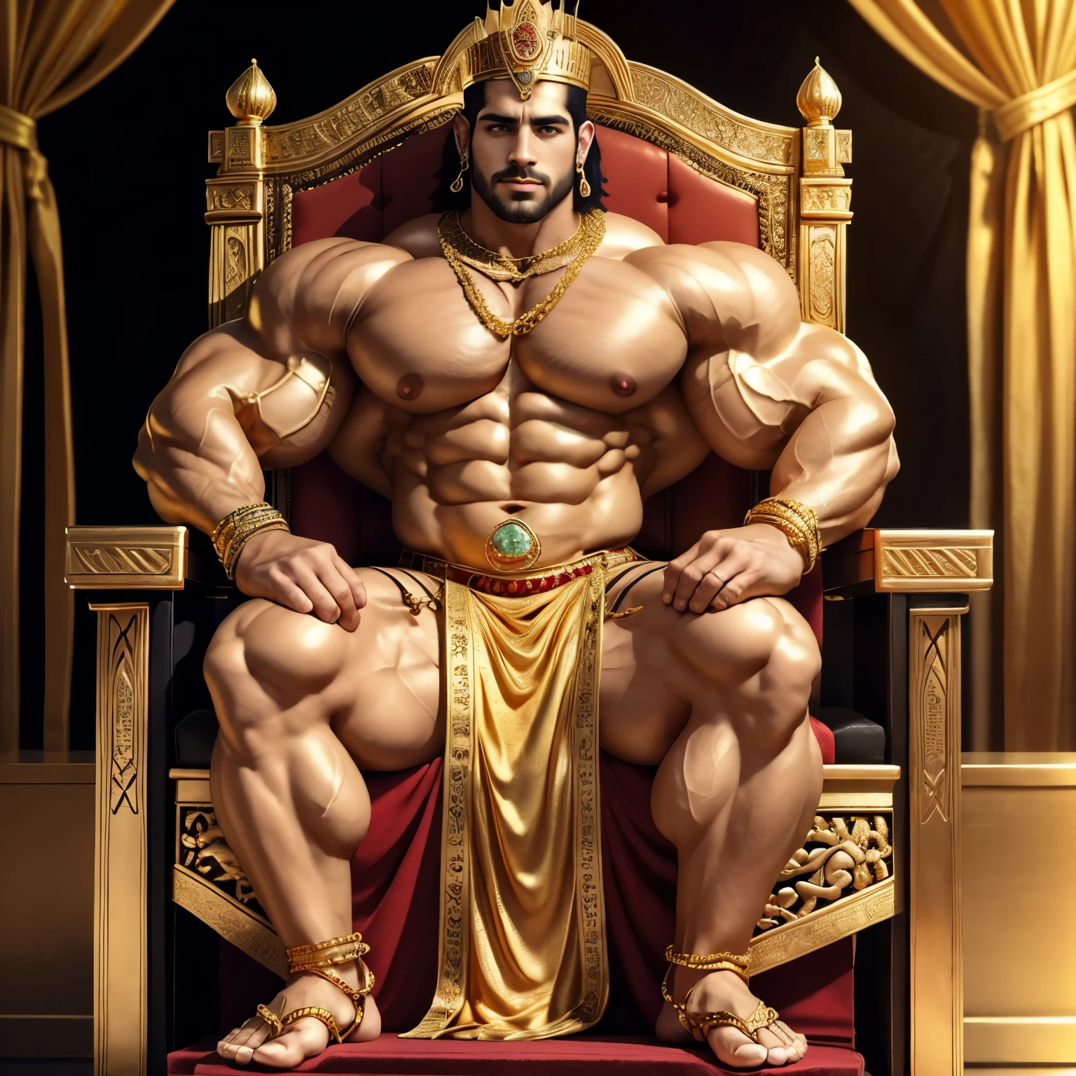 full view full body, white skinned King Xerxes, looking young and handsome, with no hair, no beard, no moustache, He is totally waxed, without a single hair, over-muscular with his over-inflated and over-bloated shoulders,legs, pecs, biceps and abs, is covered with dozens gold jewelery, rings, bracelets, necklaces and dozens of gold piercings on all body and face, earings, pierced nipples with gold rings and chains, golden sandals, arrogantly seated on his golden assyrian throne. Feet in golden sandals must be seen