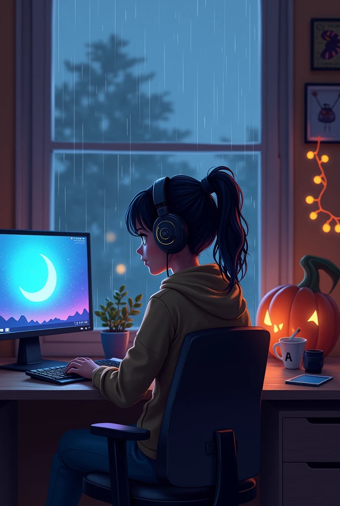 Une logi girl noire portant un casque. Elle est assise sur son bureau devant sa fenetre avec une grande baie vitrée donnant a l extérieur.Il oleut dehors et on voit les goûtes de pluies sur la vitre. C est une nuit d'hiver et la chambre est décorée pour halloween.
