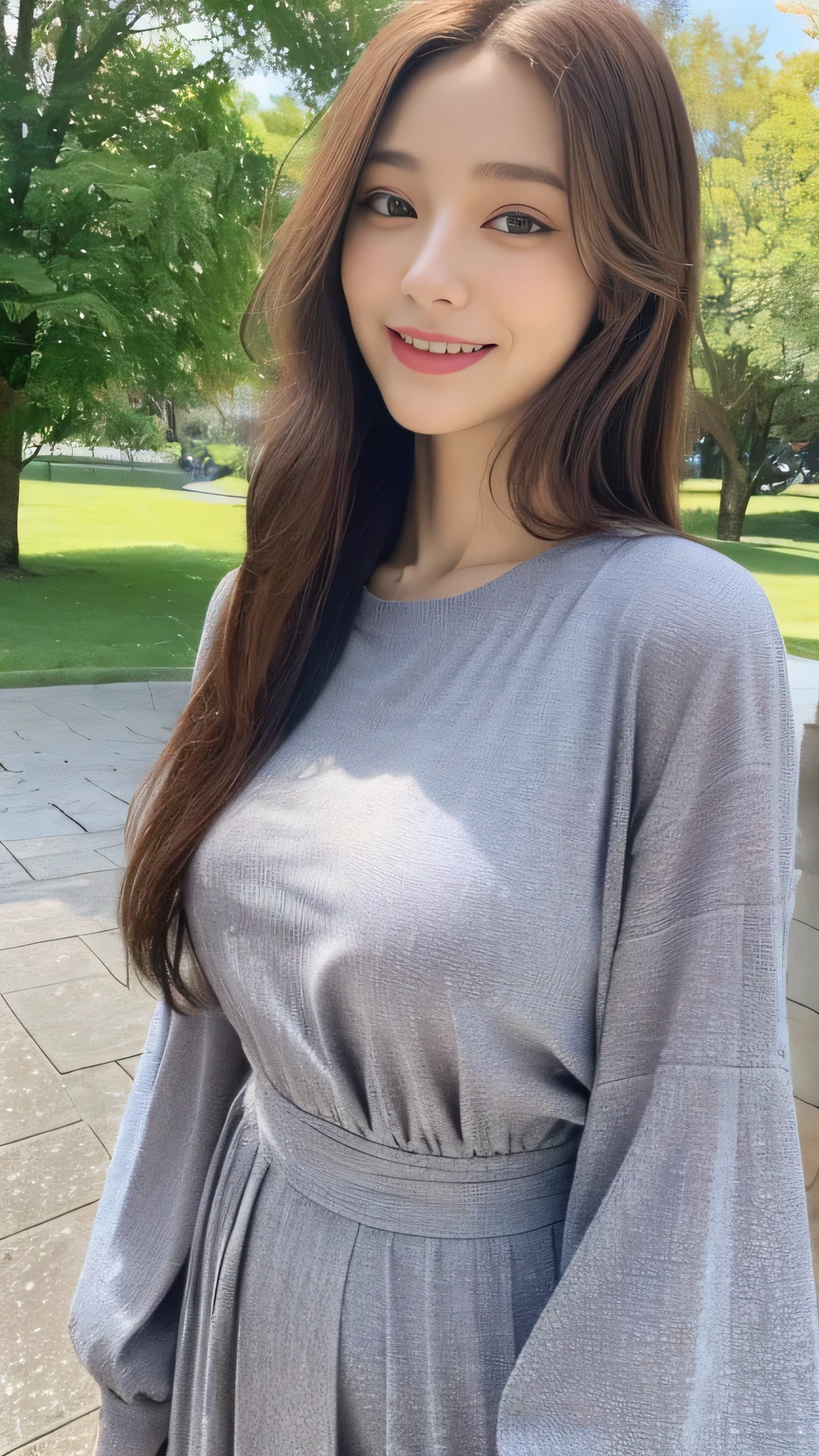 seed:2020674263.((close-up:1.2)).((Full body angle:)).((Highest quality, 8k, masterpiece:1.3)), ((from below:1.1)).concentrated:1.2, Perfect body beauty:1.4, Hips:1.2, ((Delicate Hair)), (Colorful waist cinematographed dress :1.1) , ((Highest quality、8k、masterpiece:1.3))、１A soft smile、Esbian all over body、Slim face、Big Boobs、Beautiful woman、(Dark Brown Hair)、Long Hair、1.1、Flickering Valley、Detailed eyes、double eyelid、Blurred Background、超Slim face、Smile、Looking down、stroll、