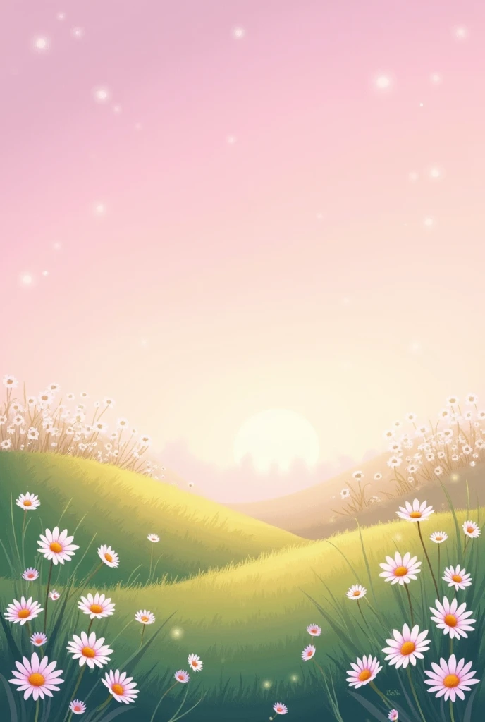 Pink landscape with daisy flowers sprinkled Happy Birthday