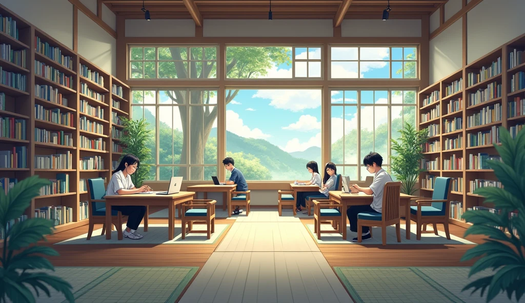 Japanese junior high school library illustration high resolution, masterpiece, accurate, Highest quality, Widescreen, Background blur,