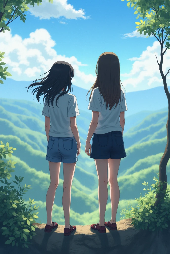 a girl with hair length touching the shoulder and height 5’3 and a girl with hair long waist level hair length with black hair but brown on the ends with the height 5’2. back view only on a cliff with the view of hills