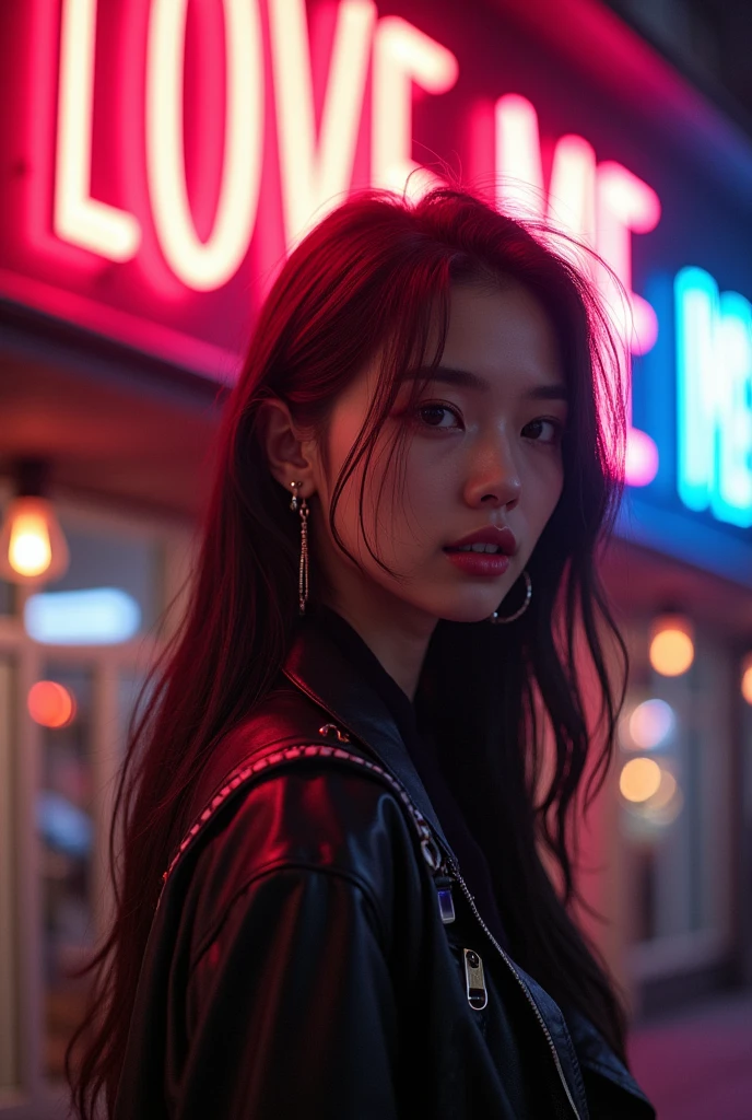 Cool Asian Girl beside a bulding with lights which is writen " LOVE ME "