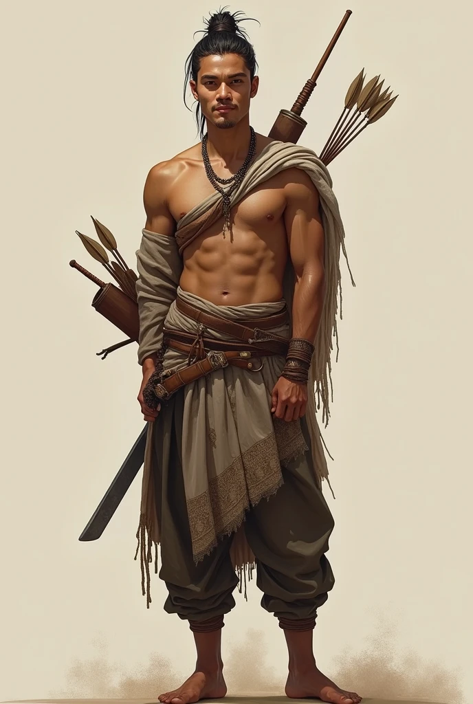 Draw me a picture,a bare-chested man,he wears a belt and typical Javanese clothing such as batik cloth and a shawl,she didn&#39;t wear any jewelry except a small necklace,he wears a belt and in his belt is a keris,he also wears shorts,her hair is tied in a bun,and he wears a quiver of arrows on his back, his body is slim, not muscular and his skin is white but he looks handsome,his face has no moustache or beard,he smiled a little,he faces forward with his arms crossed