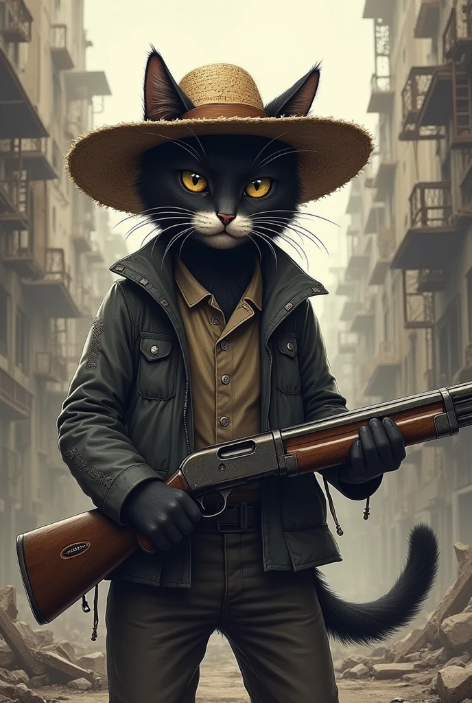 Cat drawing in gray free fire theme with straw hat on head, with a 12 gauge gun in his hand 