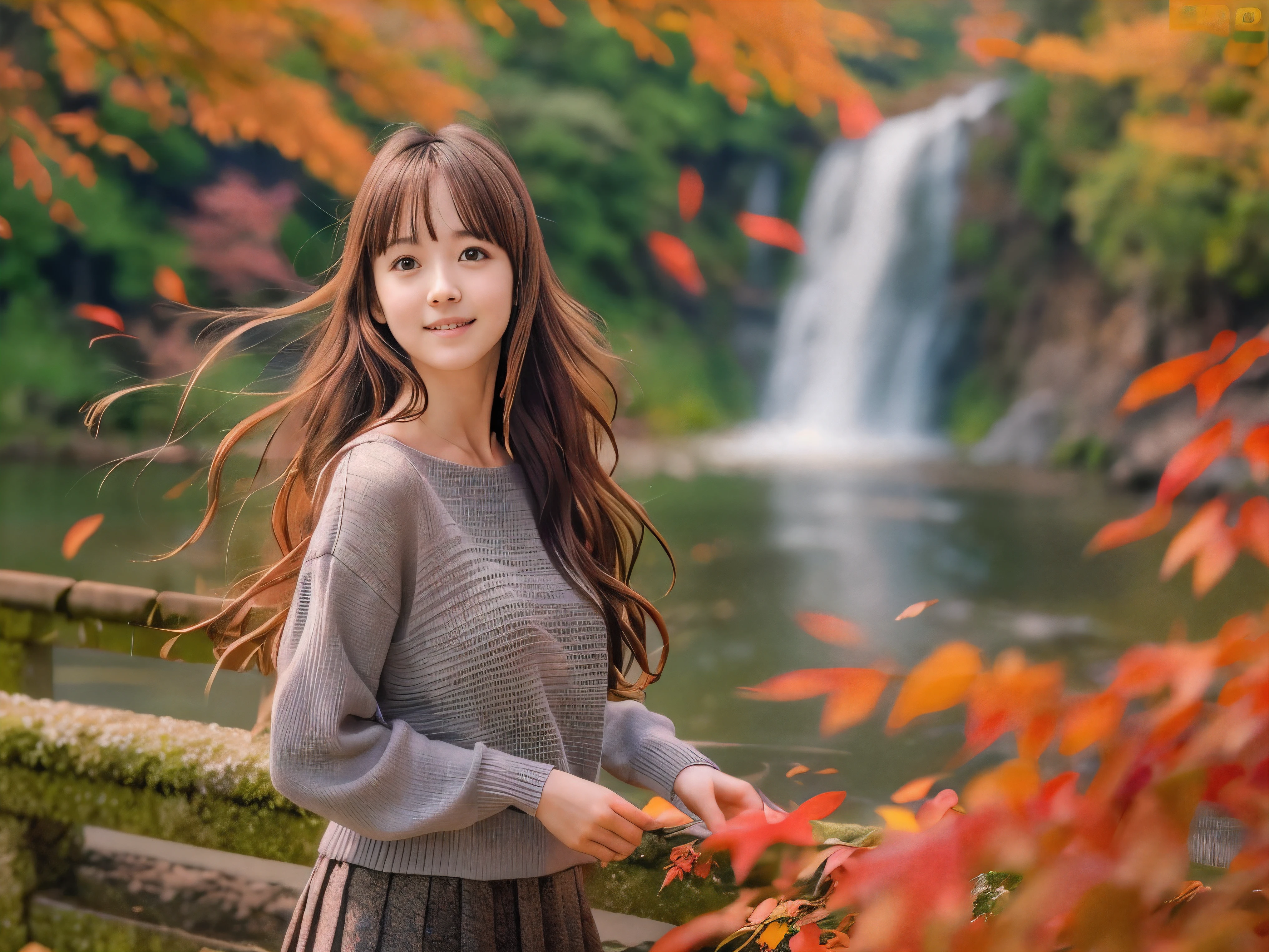 (Close up face shot of one slender small breasts red brown wavy long hair with dull bangs girl in a long sleeves shirt and sweater and skirt:1.5)、(One girl is dancing with happy smile on the dart road near the lake and big waterfall in Japan:1.5)、(Beautiful autumn red leaves landscpe:1.5)、(Natural light:1.5)、(8k ultra detailed master piece:1.5)、(perfect anatomy:1.5)、(Photorealistic stick:1.5)、(Raw photo:1.3)、(highest quality:1.5)、(High resolution:1.3)、(Delicate and beautiful perfect face:1.3)、(Delicate and beautiful eye air skin:1.3)、(Real Human Skin:1.3)、((thin legs))