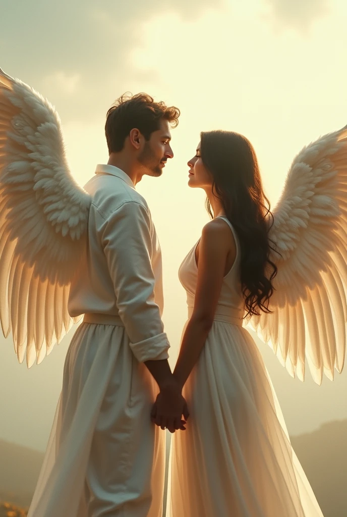 Photorealism Man and woman with wings holding hands turned from behind