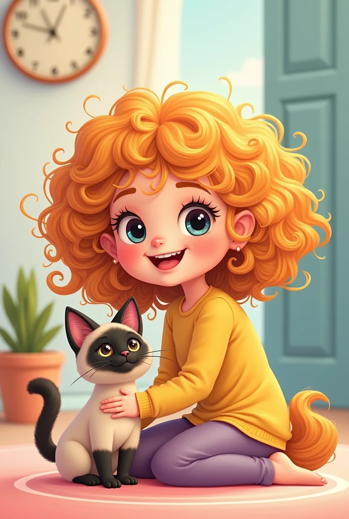 cartoon style image of a girl with curly hair next to a Siamese cat 