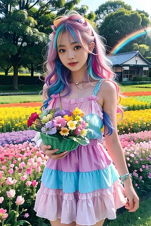 Highest quality,High resolution,A Japanese girl standing in a flower field holding a basket of fruit and flowers, Two-tone hair, long hair with pastel colours, aurora Colored Hair, Colorful pastels, Hair Color, multiColored Hair, Colorful long hair, Two-tone hair dye, Colorful Hair, Gradient Hair, pastel colour, Colored Hair, Bright rainbow hair colors,One-piece dress with frills,The background is a sparkling rainbow in the sky:1.5,A large rainbow-colored pumpkin grows in a flower field:1.5