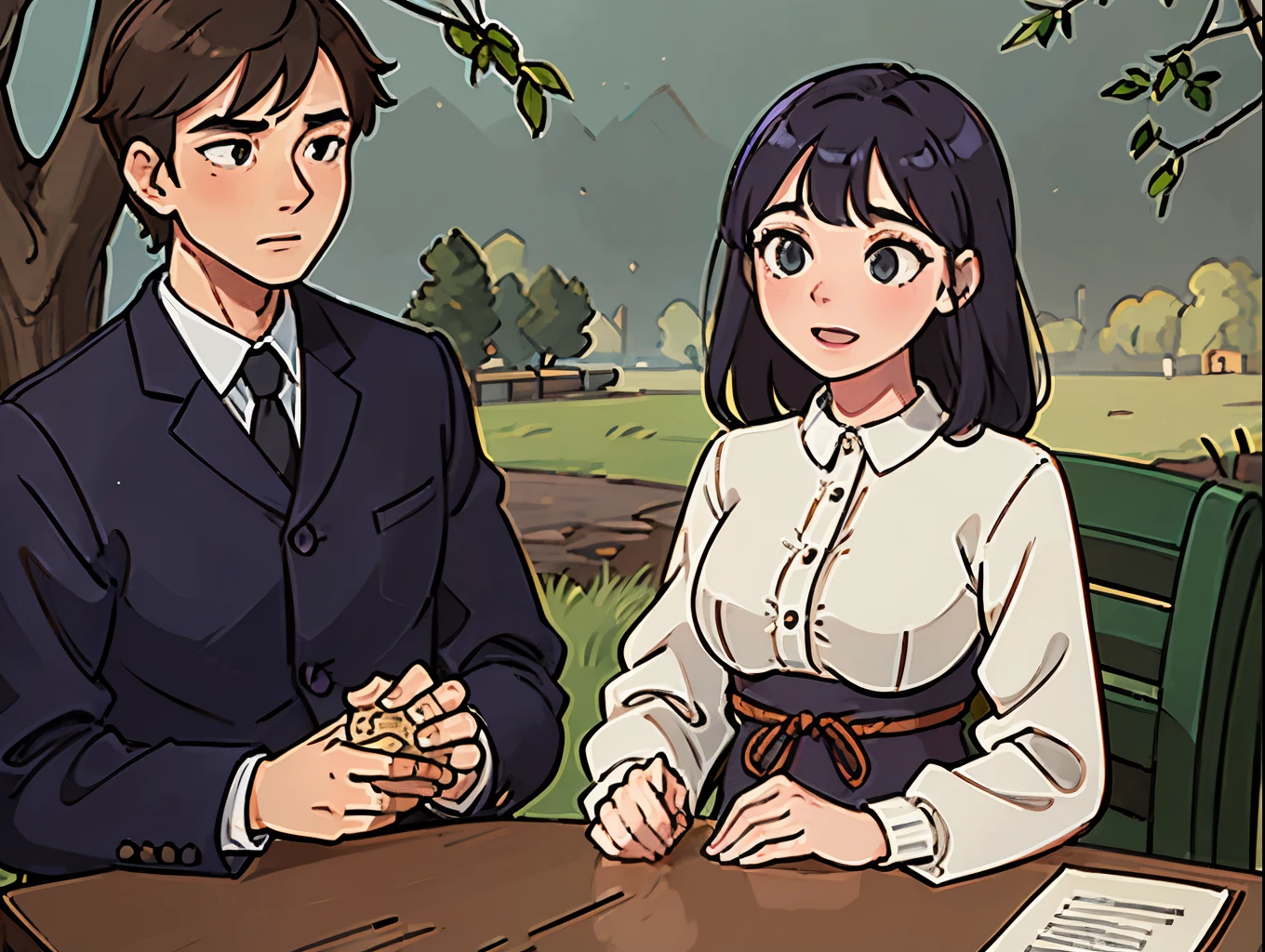 Man and woman, sitting beside a tree, romantic conversation, joy, (insanely detailed, perfect faces, upper body)